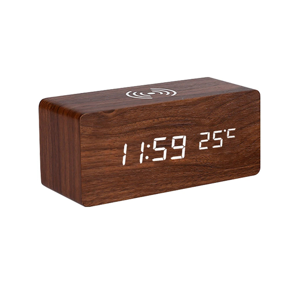 V178-62212-202508050905-00 Modern Wooden LED Desk Clock with Qi Charger - Image 1