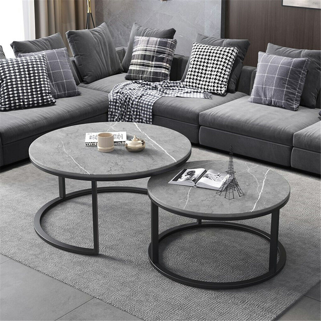 V178-66738-202508050953-00 Set of 2 Grey Marble Nesting Coffee Tables 60/80cm - Image 1