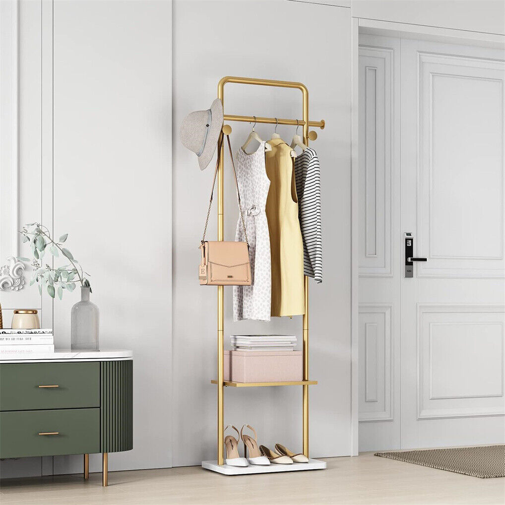 V178-66752-202508051004-00 Gold Metal Coat Rack Stand Granite Base Hall Tree - Image 1