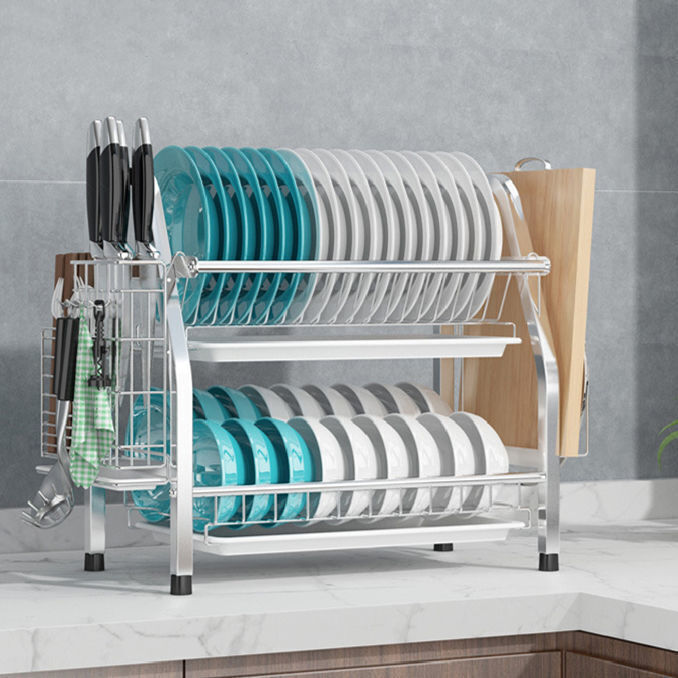 V178-66805-202508051035-00 2 Tier Silver Kitchen Dish Rack Drainer 41cm High 25cm Long - Image 1