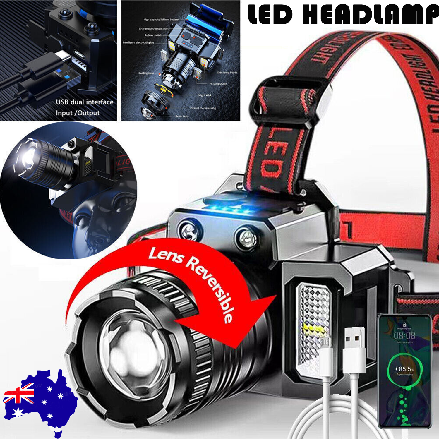 V201-W13314315-202507071029-00 900000LM LED Headlamp Rechargeable Headlight Zoomable Head Torch Lamp Flashlight - Image 1