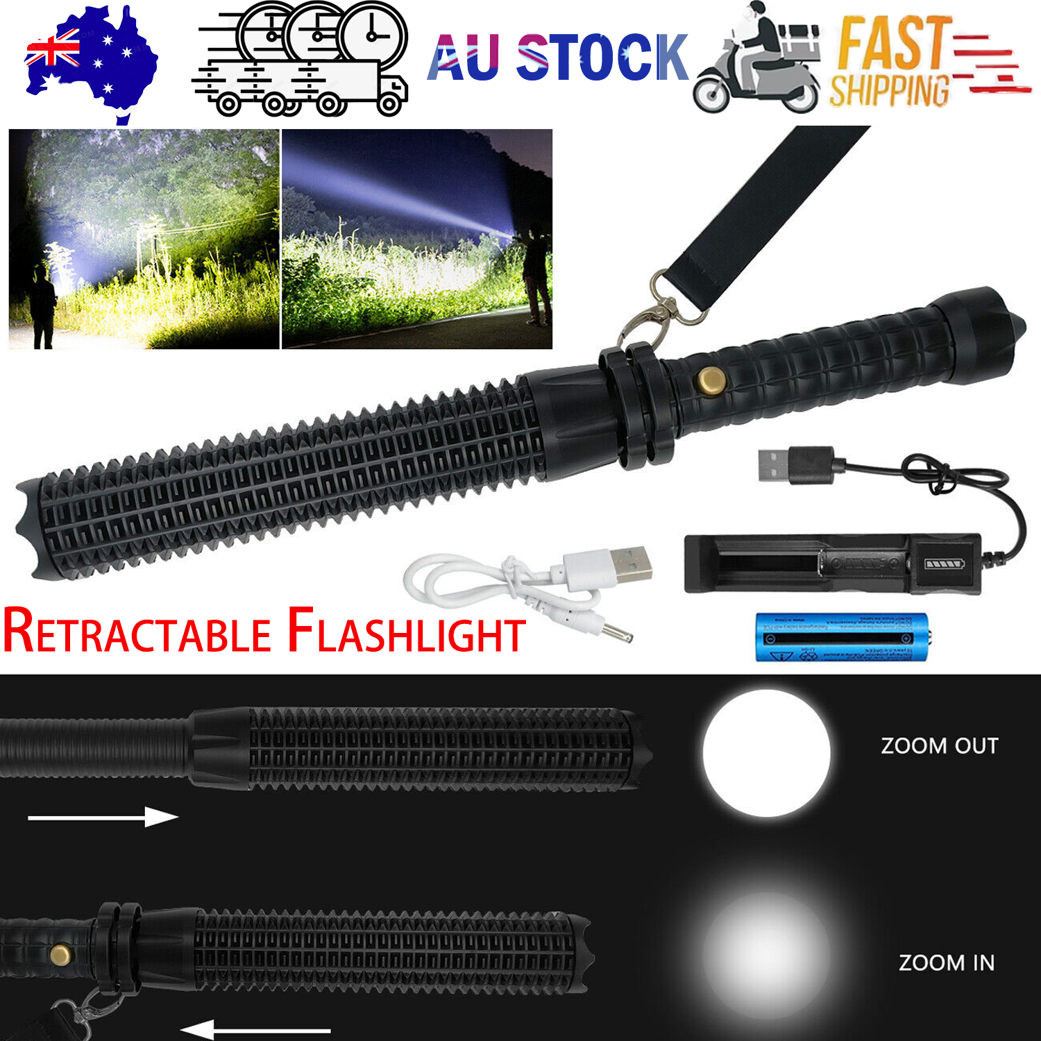 V201-W13349285-202508041429-00 Baseball LED Flashlight Rechargeable Zoom Police Security Torch Baton Lamp Light - Image 1