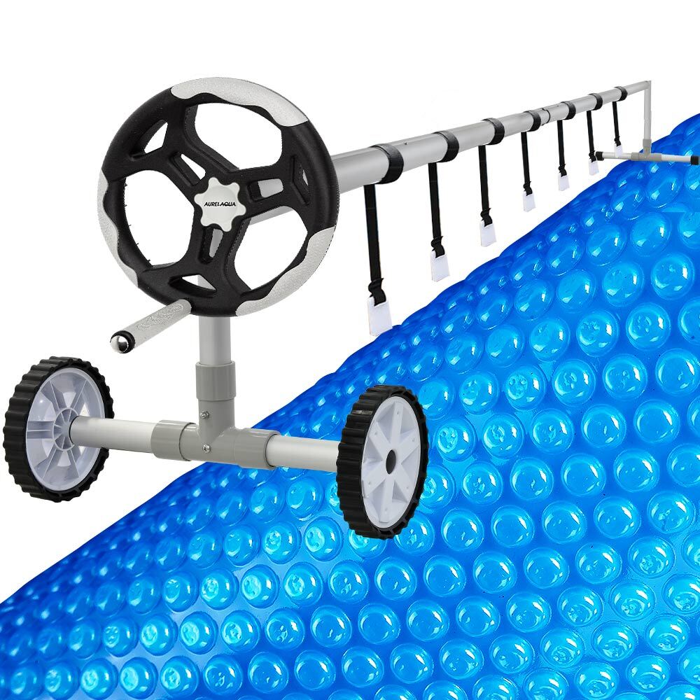 V219-SWPCOMAURA5G94BX-202507111015-00 AURELAQUA Cover Pool Roller and 9.5x4m Solar Blanket 500 Micron, Blue - Image 1