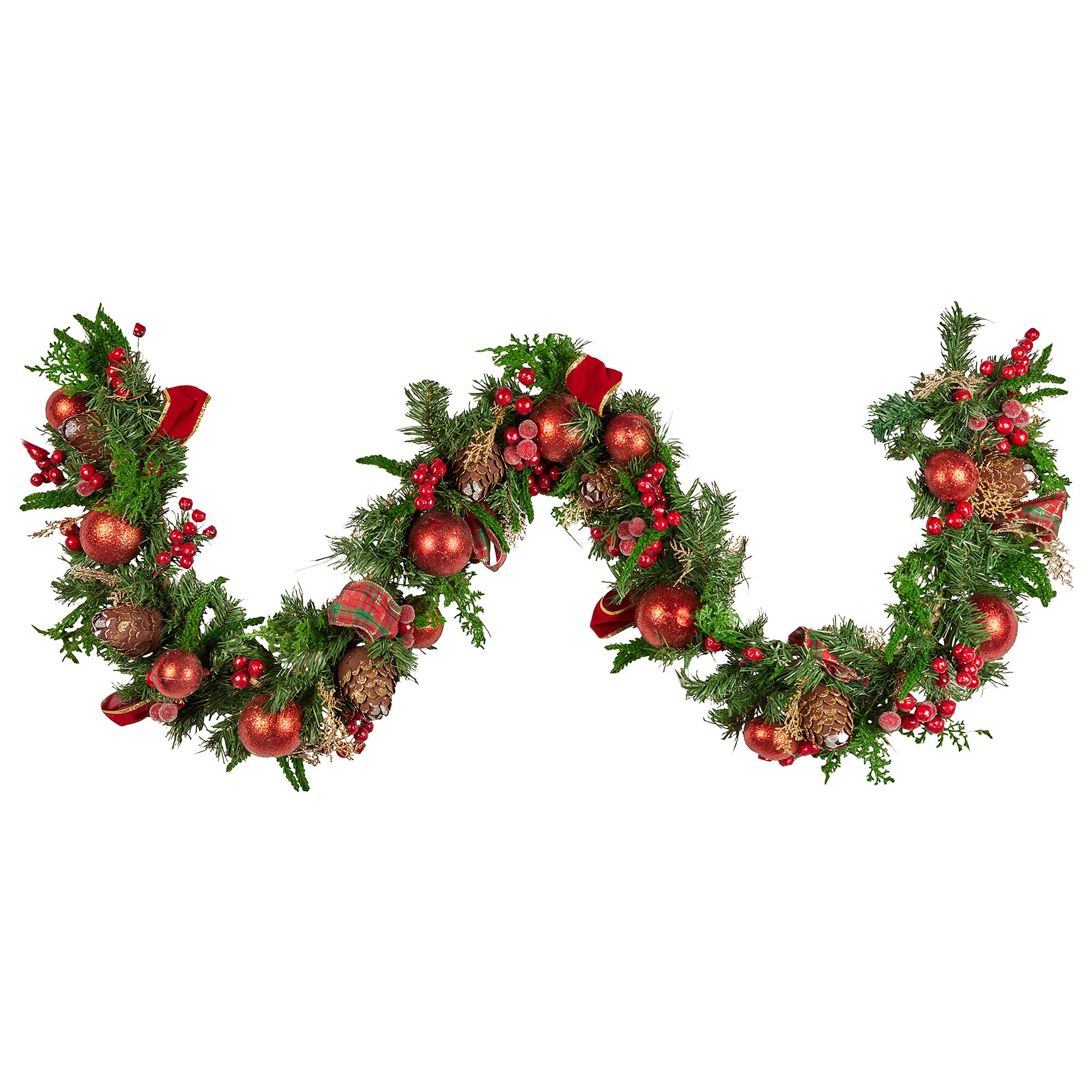 V240-112_GUE511-202509090835-00 Christabelle 185cm Christmas Garland Lush Green Holiday Garland with Red Berries, Baubles & Pine Cones Pre-Decorated Festive Shelf or Banister Decoration - Image 1