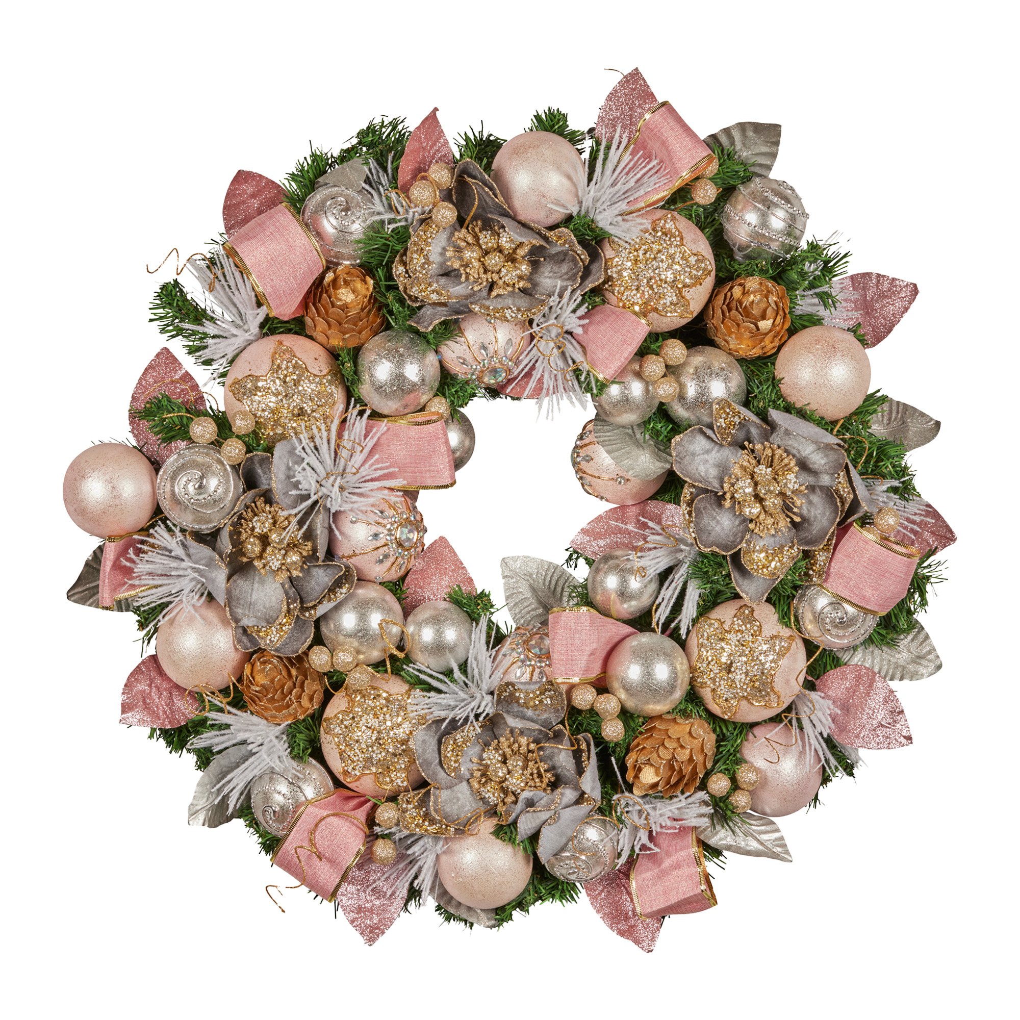 V240-112_GUE522-202509090836-00 Christabelle 71cm Christmas Wreath Lush Green Holiday Door Wreath w/Jewelled Baubles, Foliage, Flowers, Ribbon & Berries - Image 1