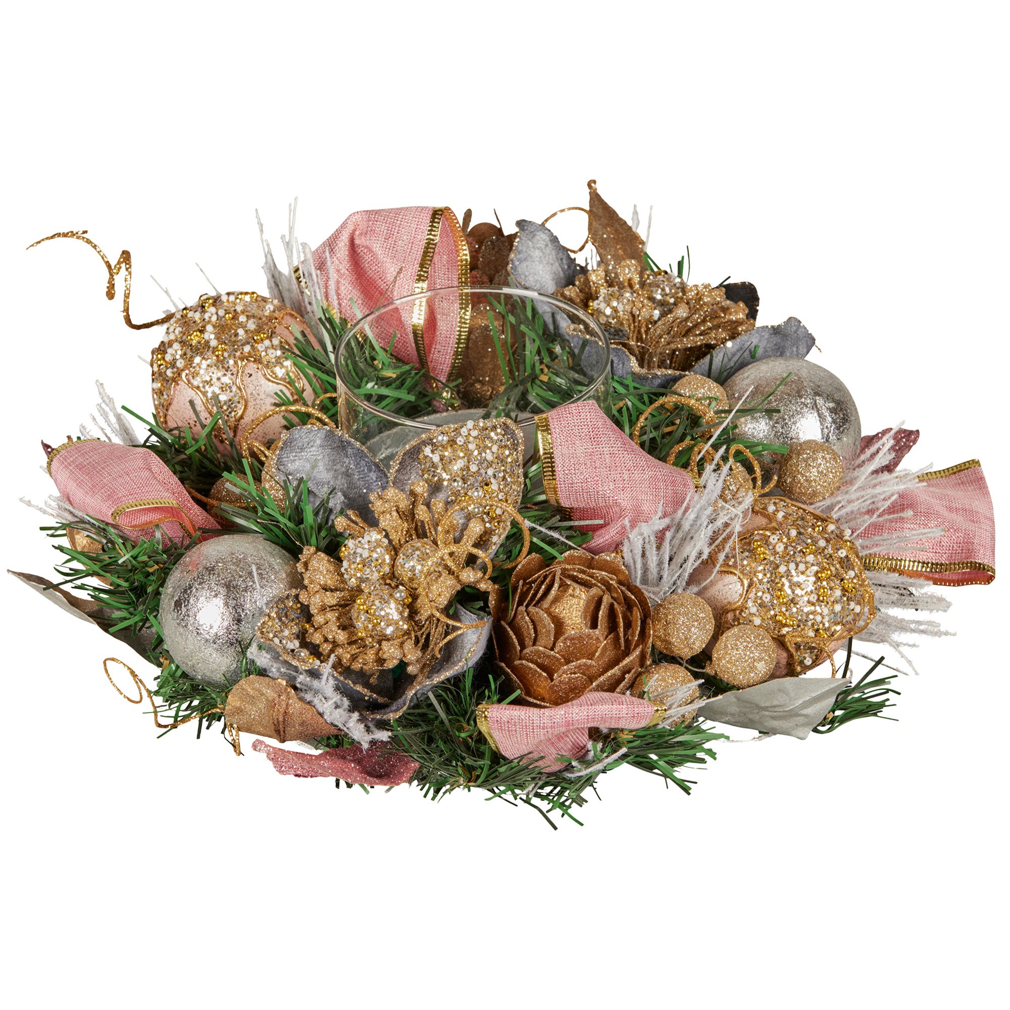 V240-112_GUE527-202509090836-00 Christabelle 26cm Christmas Centrepiece Lush Green Holiday w/Jewelled Baubles, Foliage, Flowers, Pine Cones, Ribbon - Image 1