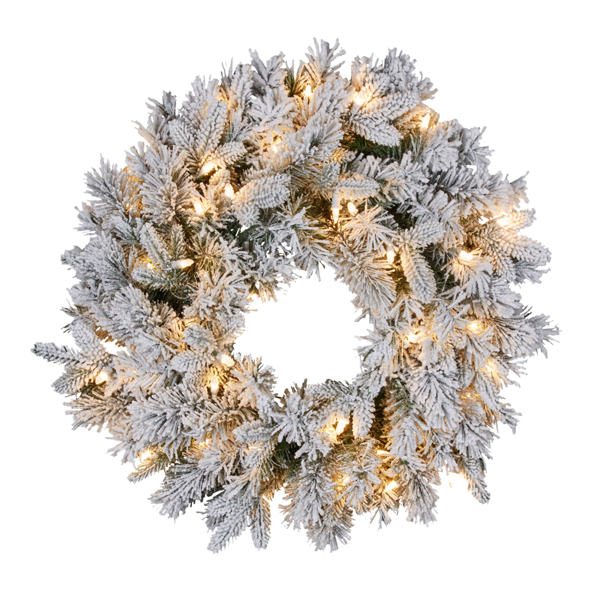 V240-112_HZSA61-202509090840-00 Christabelle 61cm Snowy Atica Pre-Lit Warm White LED Snowy Finish Christmas Wreath - Image 1
