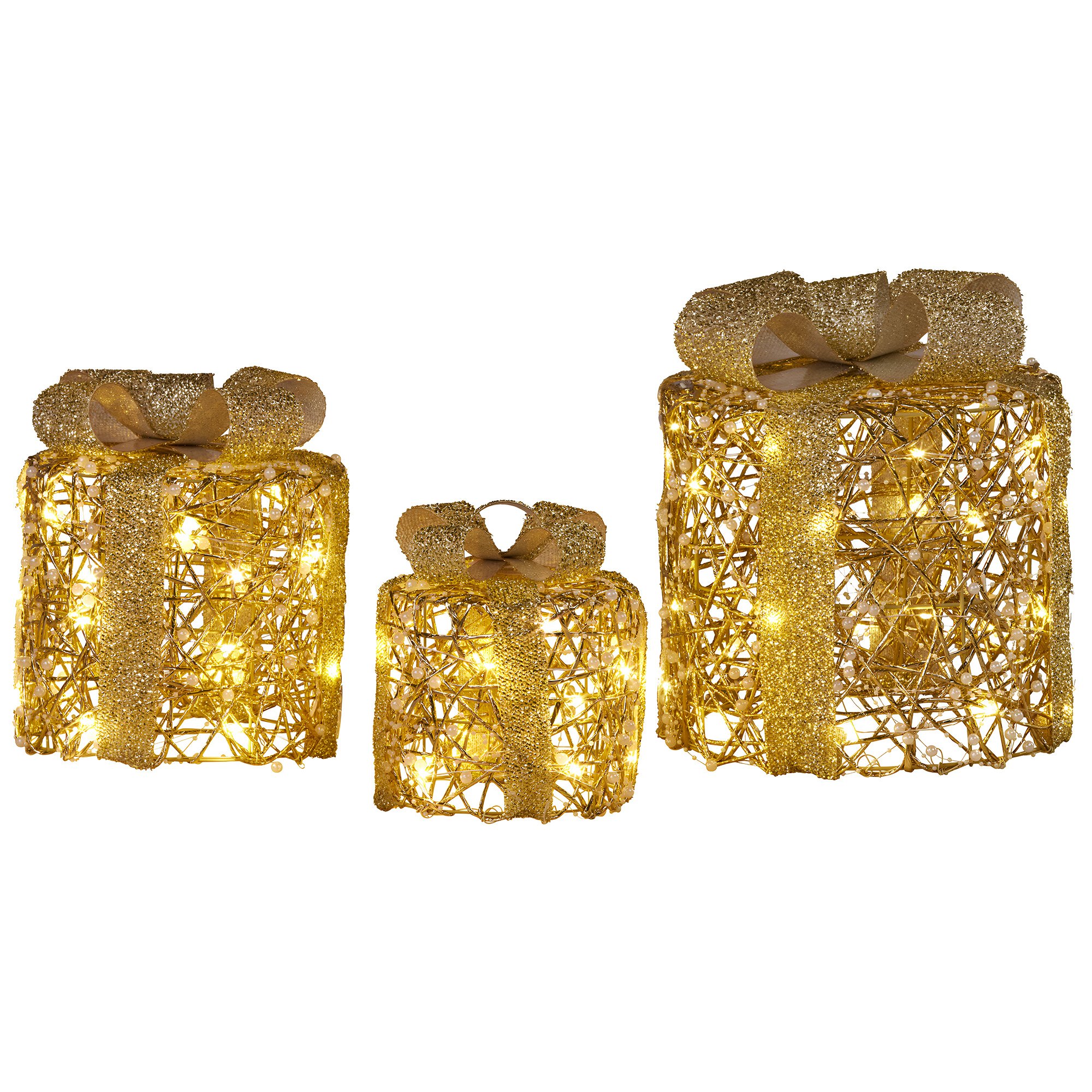 V240-112_MHA612-202509170825-00 Christabelle Set of 3 Battery Operated Golden Cylindrical Christmas Gift Boxes w/Warm LED Lights Indoor Holiday Present - Image 1