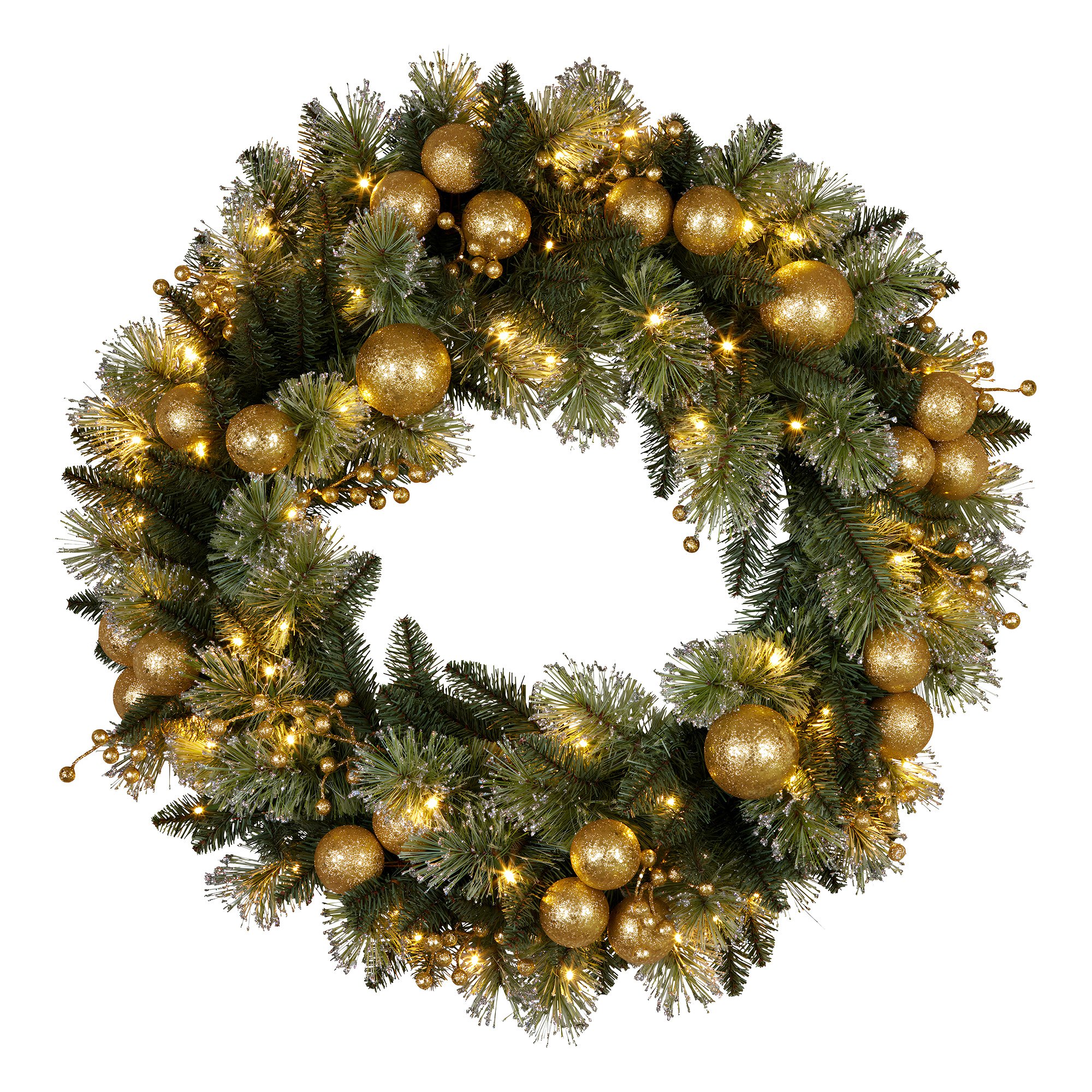 V240-112_SENG61-202509170831-00 Christabelle 61cm Christmas Wreath Battery-operated Warm White Light Gold Bauble - Image 1