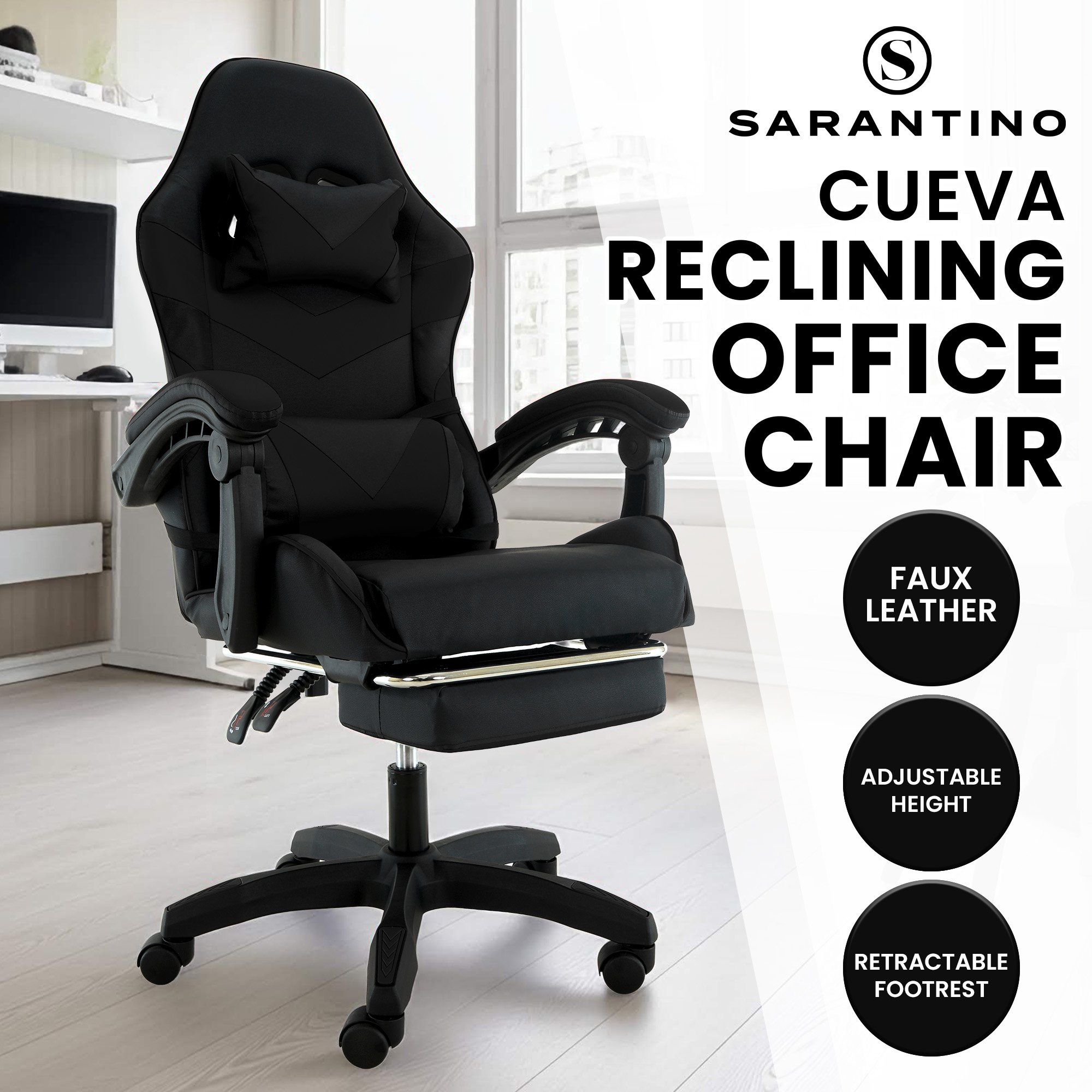 V240-CHR-ASA-CUE-BK-202507310910-00 Sarantino Cueva Reclining High Back Office Gaming Chair Black Retractable Footrest Computer Seat - Image 1