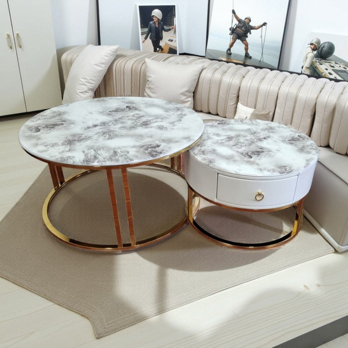 V255-CT-NESTING-GOLDFRM-VOL0806-202509191155-00 Snowy Mountain Faux Modern Marble Slate Nesting Coffee Table Set Leather Wrapped Wood Drawers - Image 1