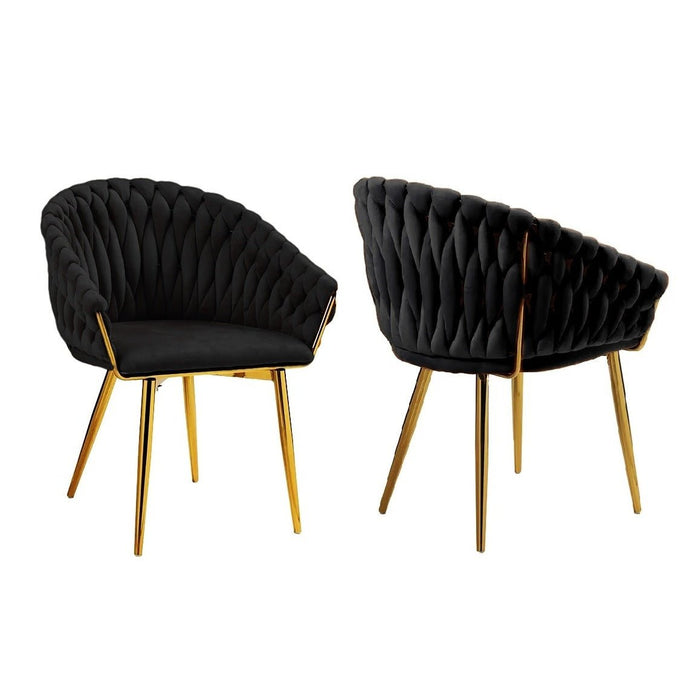 V255-SE-GP1801-DC-BLACK-202508300010-00 SERENITà Black Modern Velvet Dining Chairs, Upholstered Living Room Chair with Woven Back and Golden Metal Legs, Mid-Century Accent Set of 2(BLACK) - Image 1