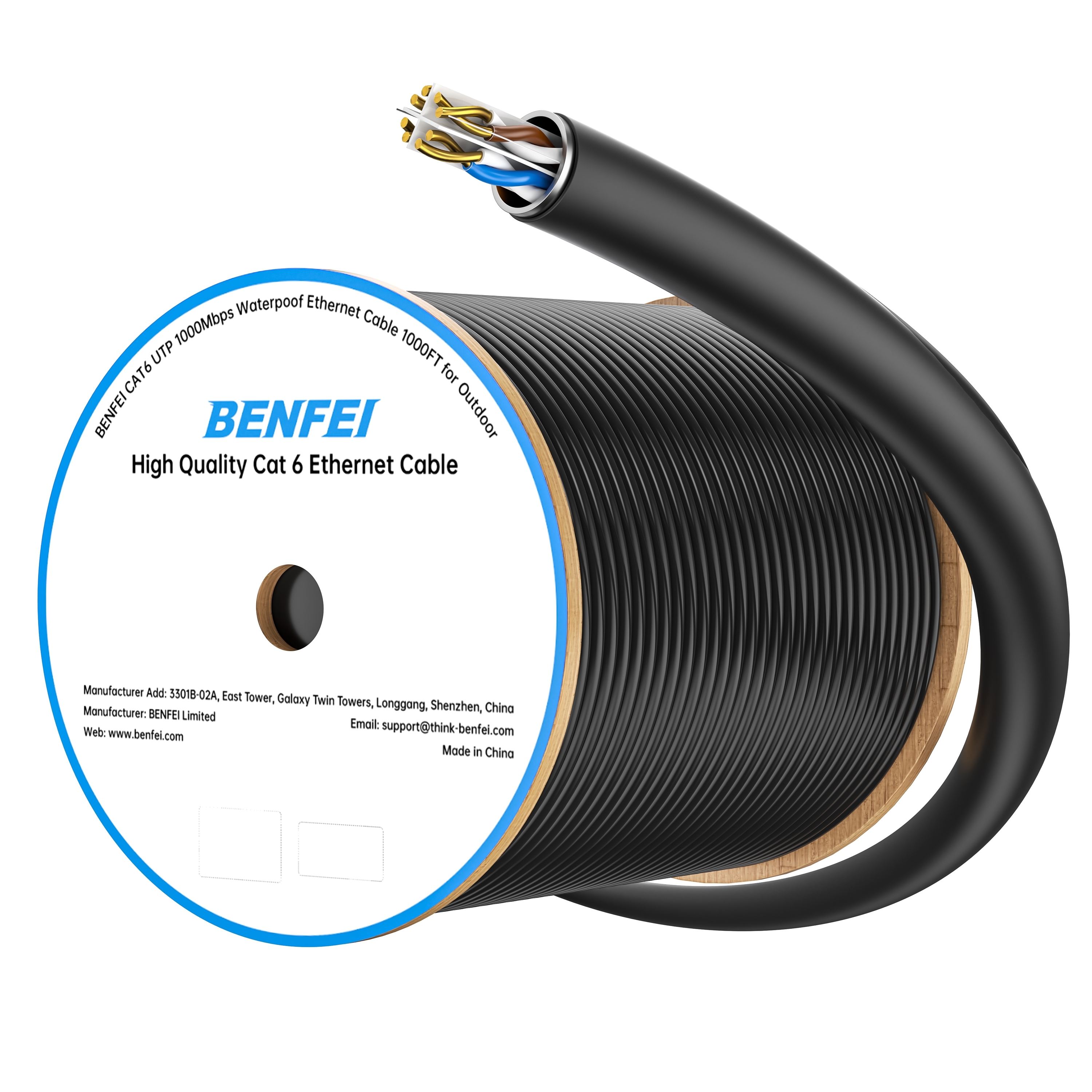 V28-ELEBEN701BL305M-202507311010-00 BENFEI 701BL 305M CAT6 UTP 1000Mbps Waterpoof Ethernet Cable 1000FT for Outdoor - Image 1