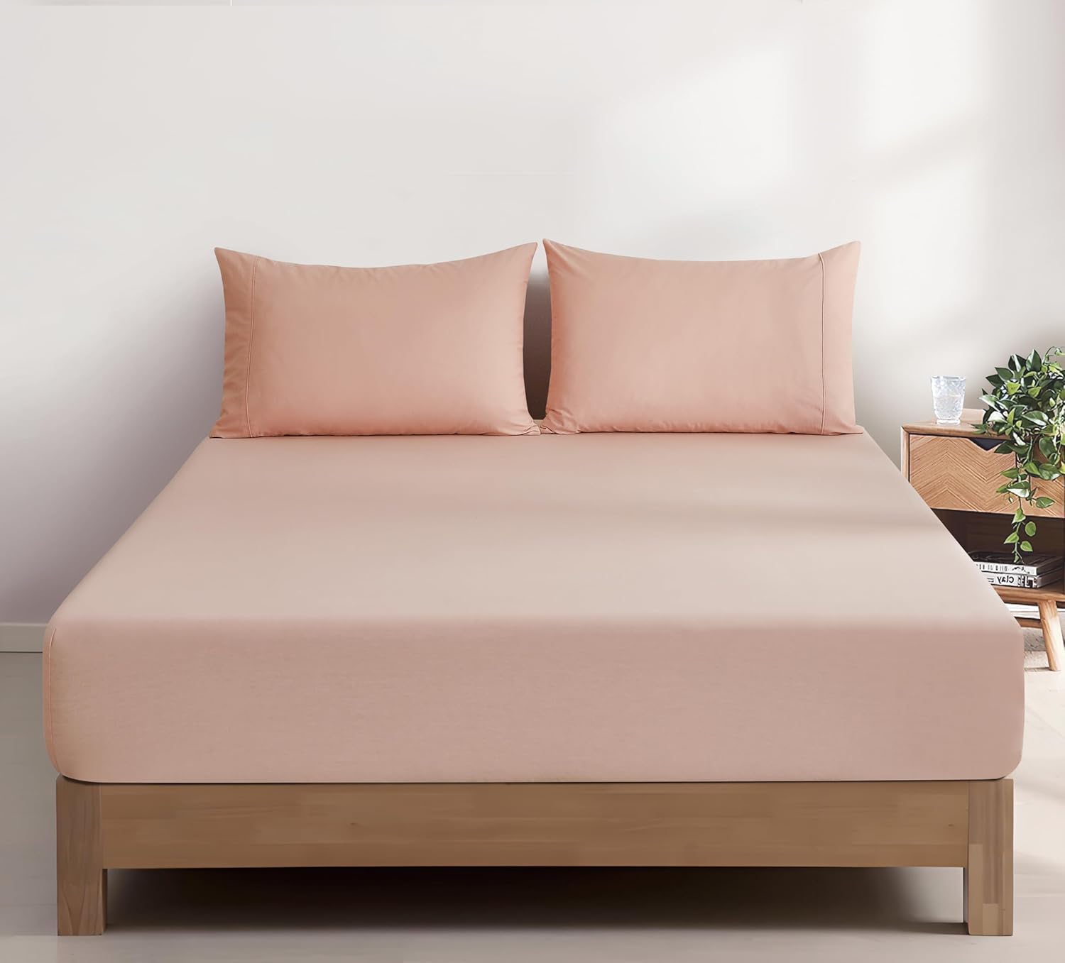 V439-BFSETWASHP-202507150925-00 100% Vintage Washed Cotton Fitted Sheet Combo Set – 100% Natural Cotton, Ultra Soft & Breathable – Includes Fitted Sheet & Pillowcases – Machine Washable (Pink, Double) - Image 1