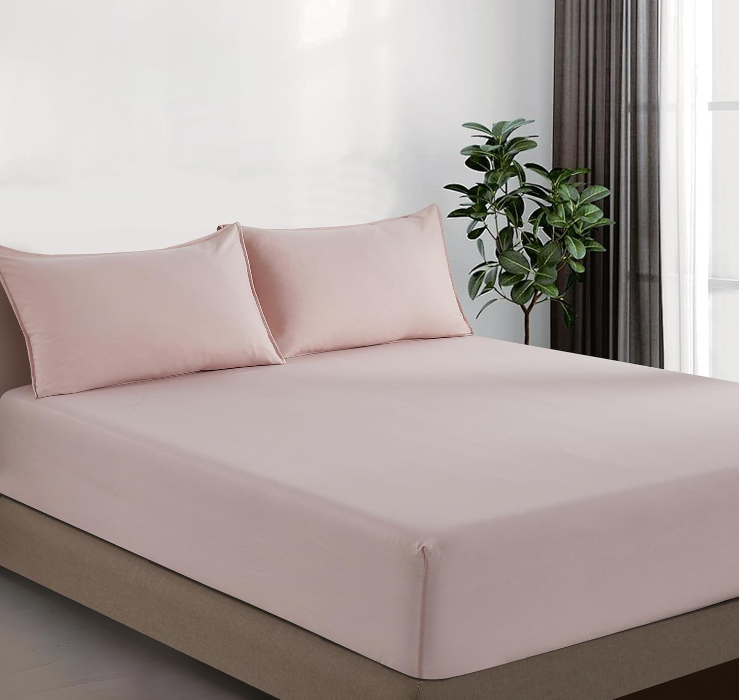 V439-BFSPINKWM-202507150916-00 100% Vintage Washed Microfibre Fitted Sheet Set – Ultra Soft & Lightweight All-Season Fitted Sheet with 2 Pillowcases (Pink, Double Size) - Image 1