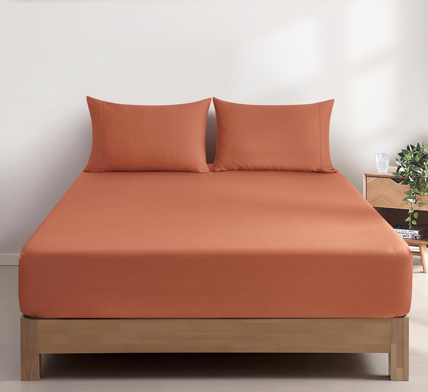 V439-CFSETWASHB-202507150921-00 100% Vintage Washed Cotton Fitted Sheet Combo Set – 100% Natural Cotton, Ultra Soft & Breathable – Includes Fitted Sheet & Pillowcases – Machine Washable (Brick, Queen) - Image 1