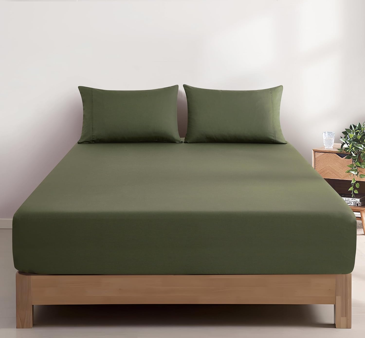 V439-KSFSETWASHKG-202507150921-00 100% Vintage Washed Cotton Fitted Sheet Combo Set – 100% Natural Cotton, Ultra Soft & Breathable – Includes Fitted Sheet & Pillowcases – Machine Washable (Khaki Green, King Single) - Image 1