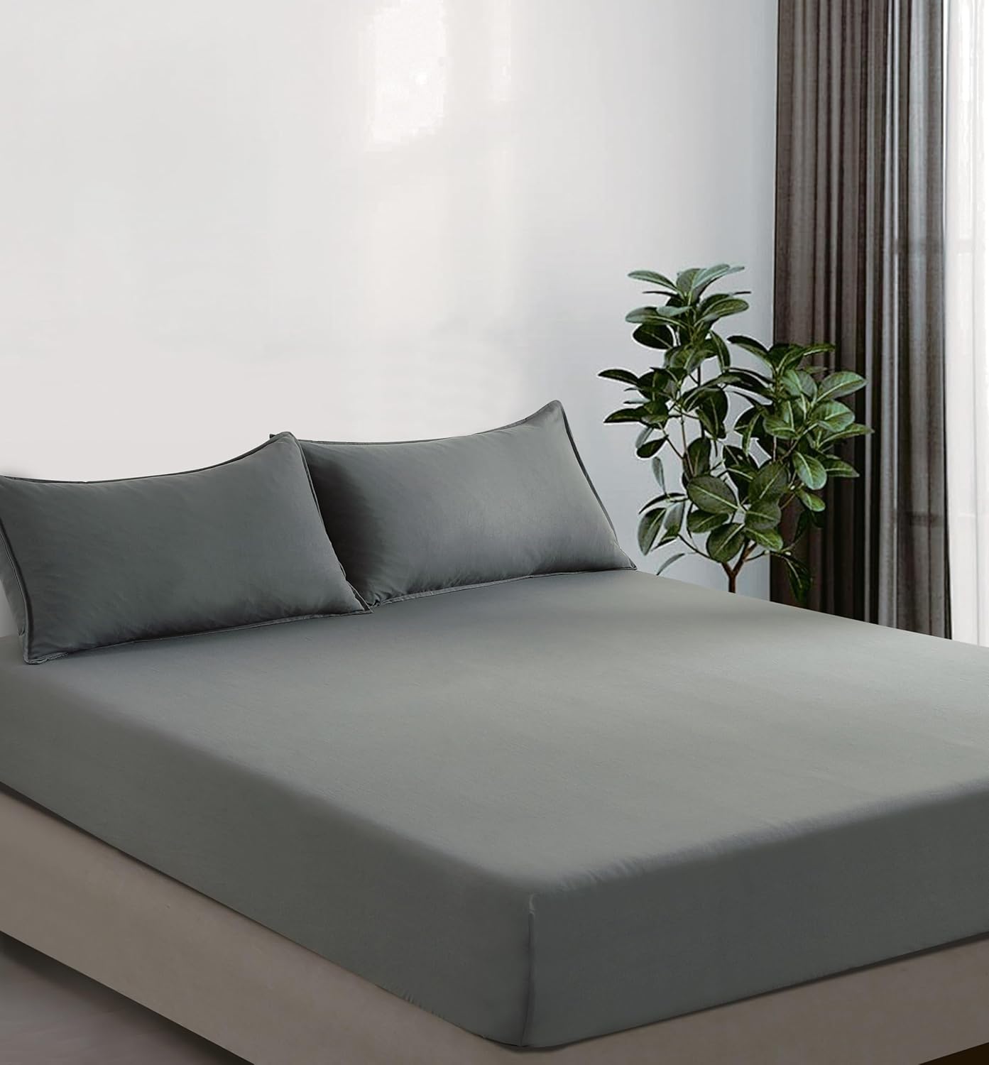 V439-KSFSGREYWM-202507150915-00 100% Vintage Washed Microfibre Fitted Sheet Set – Ultra Soft & Lightweight All-Season Fitted Sheet with 1 Pillowcase (Grey, King Single Size) - Image 1