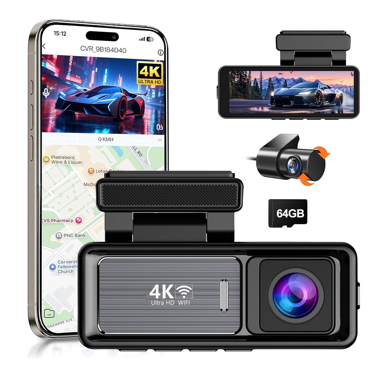 V462-TA-120-01-202508081115-00 4K Wifi Dash Cam Front, 1080P In-Car Rear Dual Recording with GPS 64GB Card - Image 1