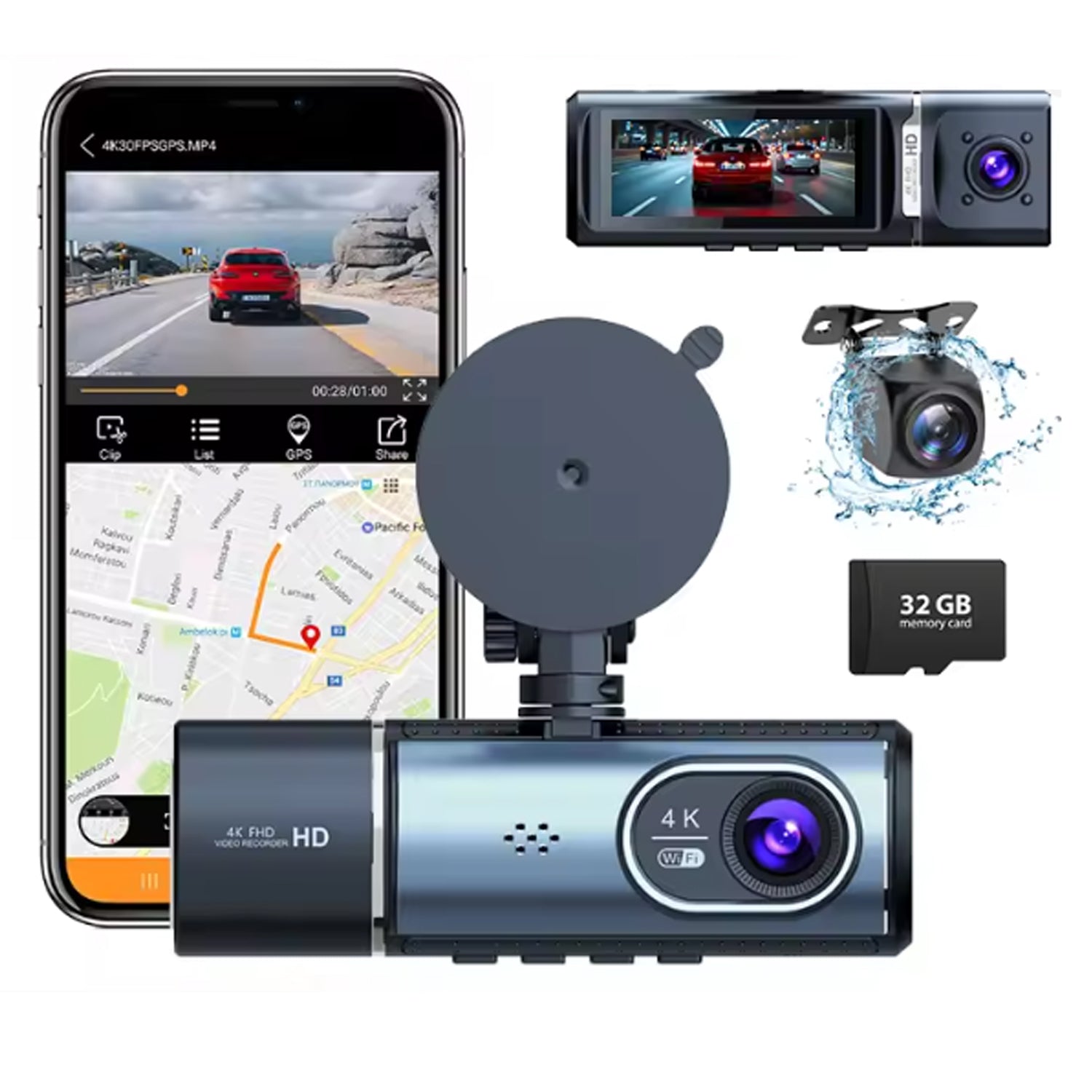 V462-TA-121-01-202508081115-00 3 Channel 4K+1K+1K Dash Cam WiFi Car DVR Interior Cabin Camera Recorder with 32G Card - Image 1