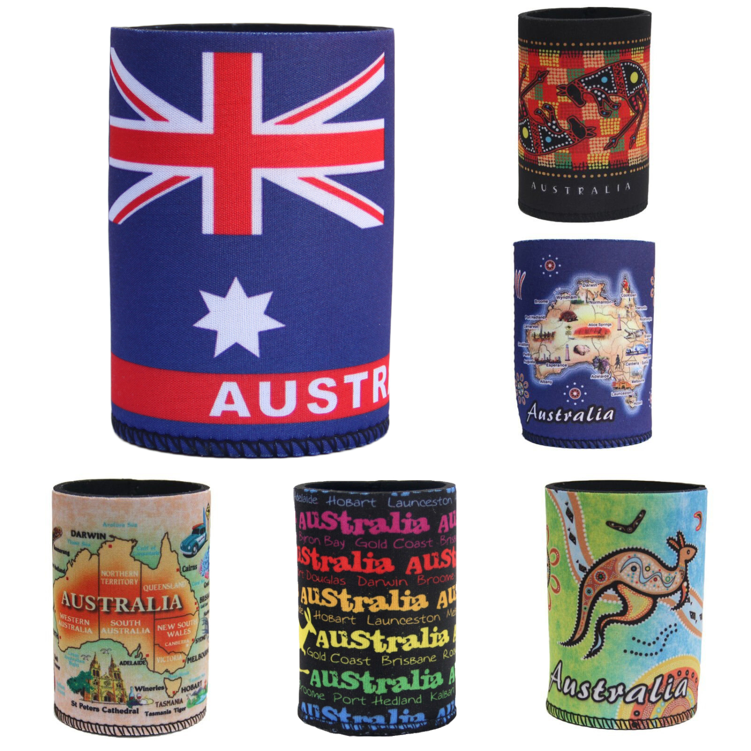 V474-238840-202508071240-00 6x Australia Stubby Stubbie Holder Beer Bottle Tin Can Drink Alcohol Cooler Gift, Mixed Design - Image 1