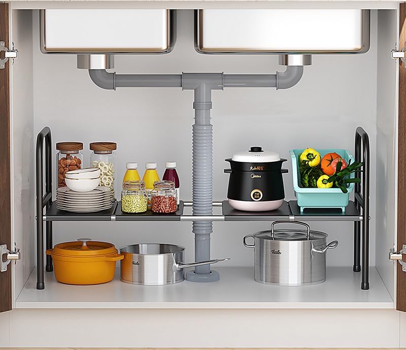 V498-SINKRACK-202507311025-00 Extendable Storage Rack Under Sink Shelf Kitchen Organizer black - Image 1