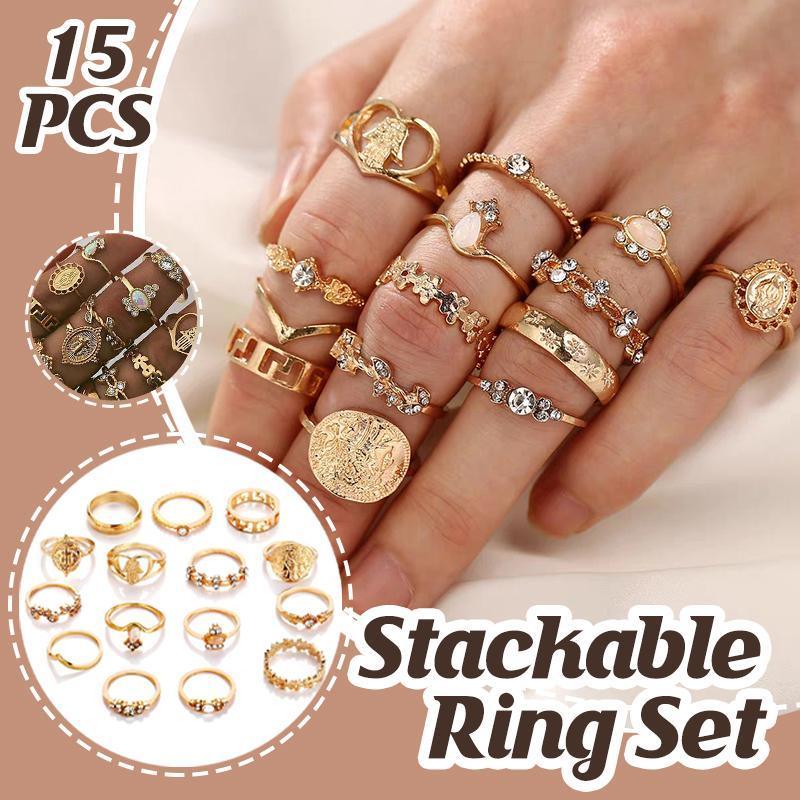 V528-01-2272-592031-202509291909-00 Gold Hollow Stackable Joint Ring Set 15 PCS Various Styles Versatile Womens - Image 1