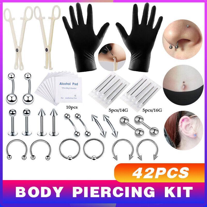 42Pcs Body Piercing Kit Needle Nipple Belly Tongue Eyebrow Nose Lip Ring 14G/16G
