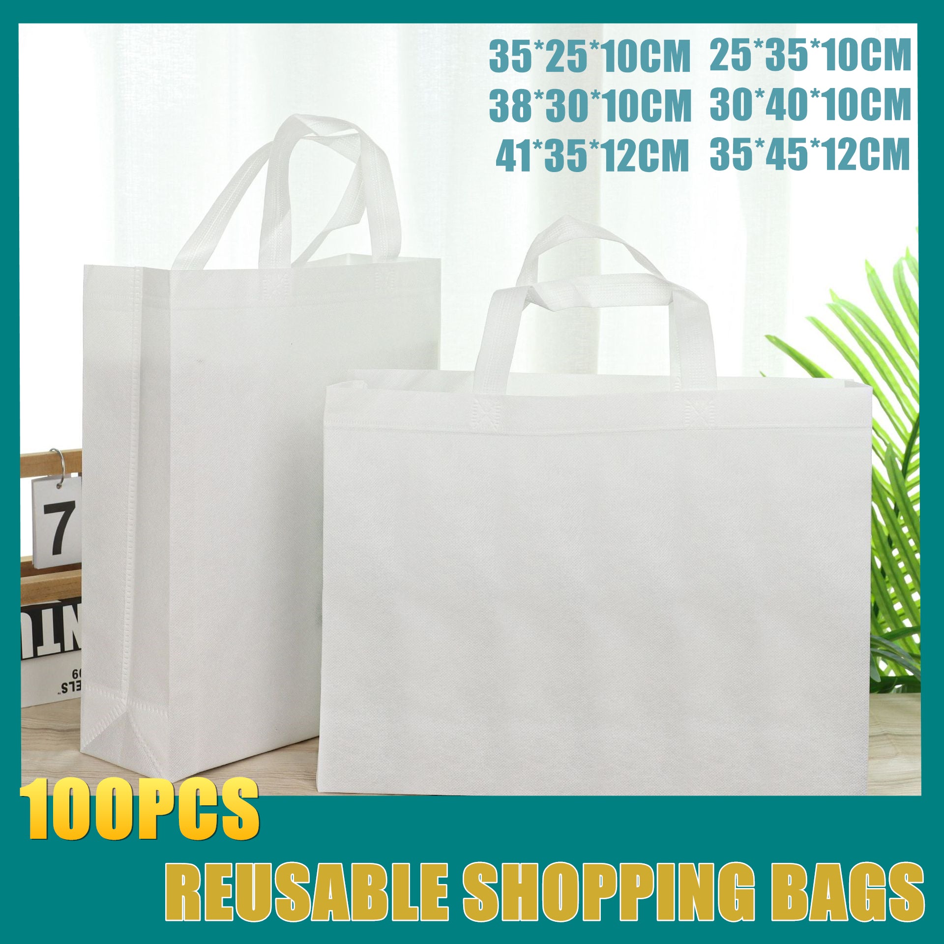 V528-9360312194561-202510011018-00 100PCS Reusable Non Woven Shopping Bags Eco Friendly Washable Tote Bags White - 35X25X10CM - Image 1