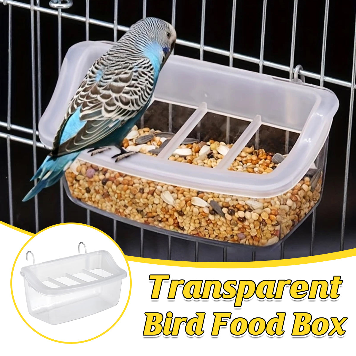 V528-BIRD-FEEDER-496650-202509291637-00 Clear Bird Feeder Box Parrot Food Dispenser Cage Sink Container Hanging Supplies - Image 1