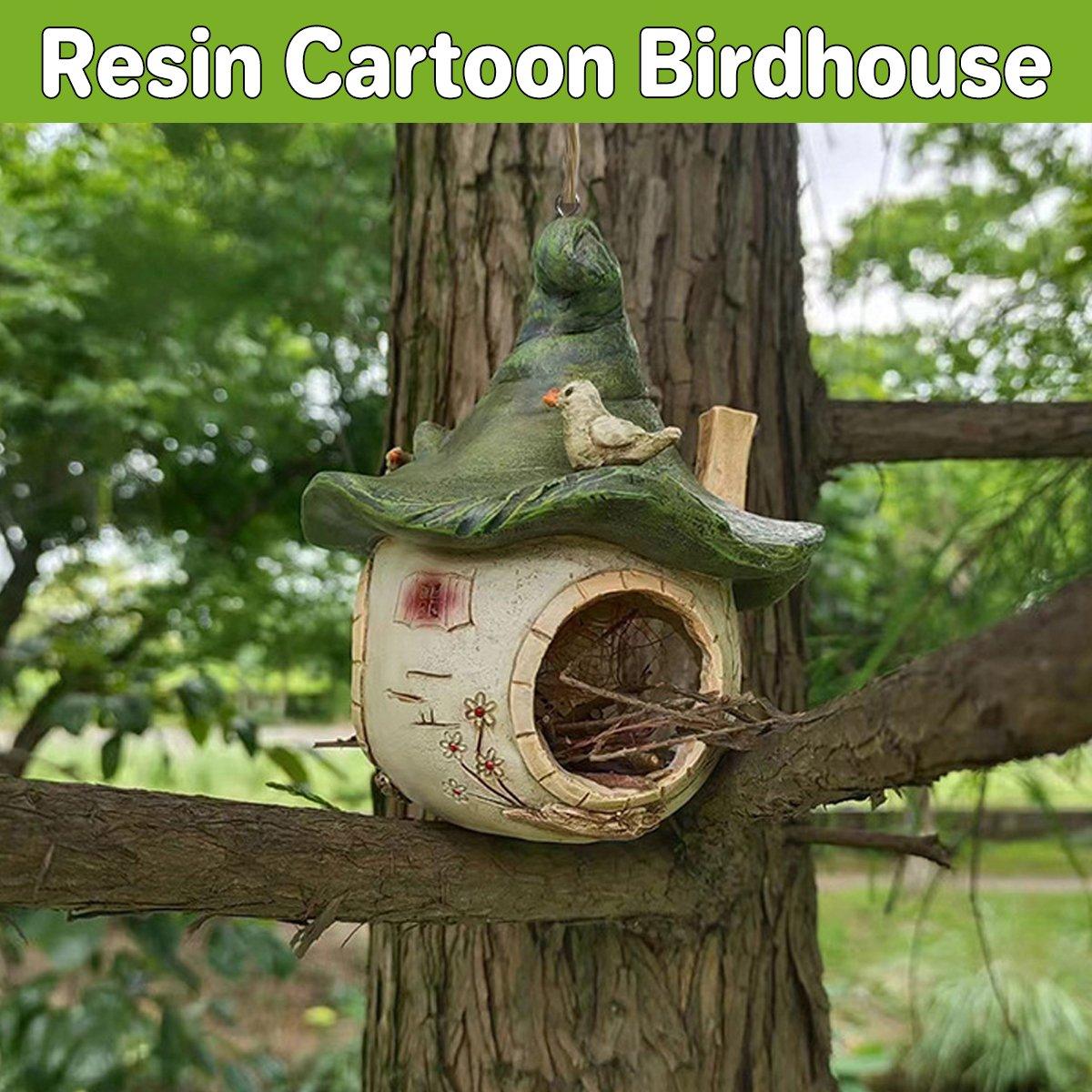 V528-BIRD-NEST-174357-202509291754-00 Cartoon Hanging Birdhouse Cozy Nest Resin Garden Outdoor Tree Patio Decor - Image 1