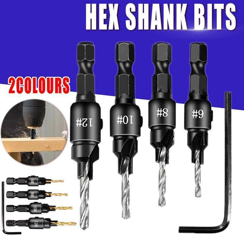 V528-BITSET-4PCS-GOLD-683801-202509301209-00 4PCS Screw Countersink Bit Set Pilot Holre Drill Metal Plastic Wood Hex Shank - Gold - Image 1