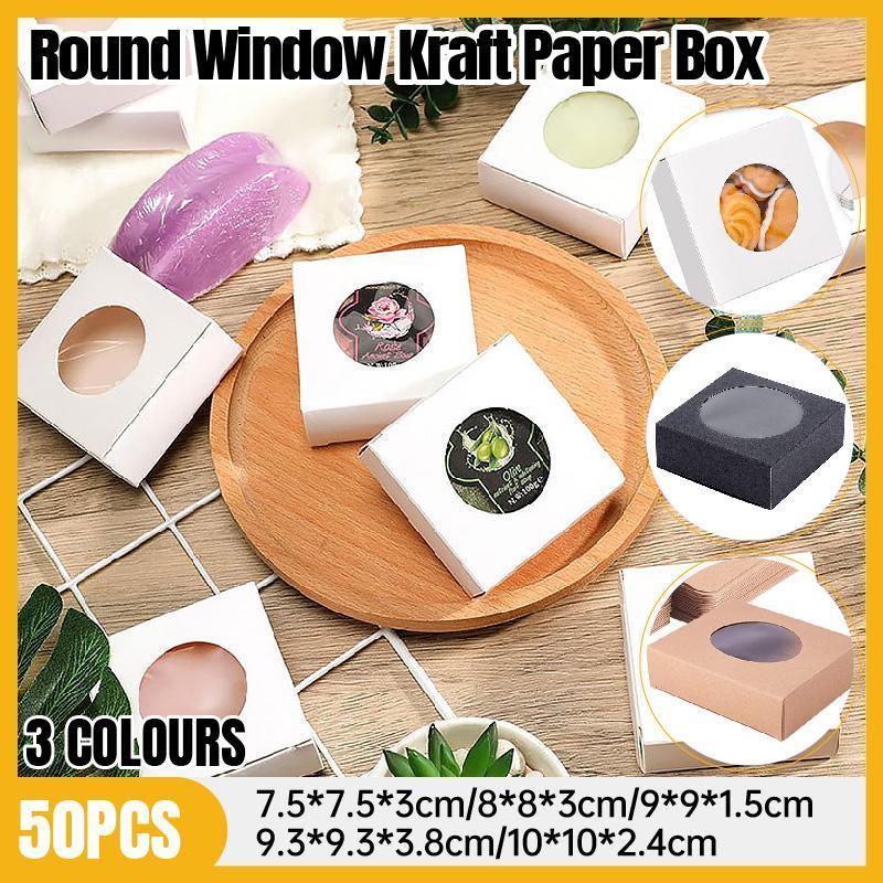 V528-BOX-50PCS-KHAKI-93-93-38-660295-202509301554-00 50PCS Handmade Soap Paper Box Round Window Kraft Black White Candy Biscuit Box - Khaki-50pcs 9.3*9.3*3.8CM - Image 1