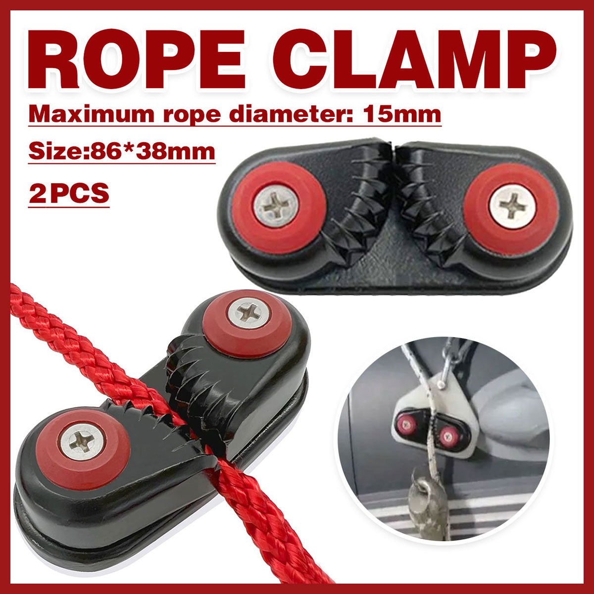 V528-CAM-CLEATS-2PC-744757-202509251340-00 Rope Clamp Set 2PCS Aluminum Alloy Black Clip Plate Sailboat Kayak Canoe Outdoor - Image 1