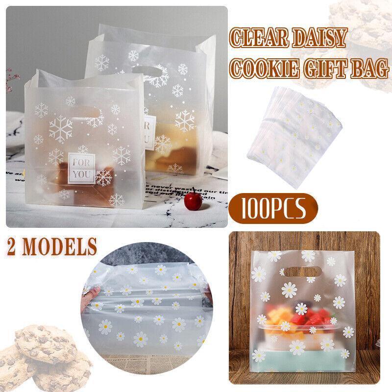 V528-CANDYBAG-DAISY-847175-202509302000-00 100Pcs Clear Daisy Cookie Bags with Handle - Party Candy Packaging - Daisy - Image 1