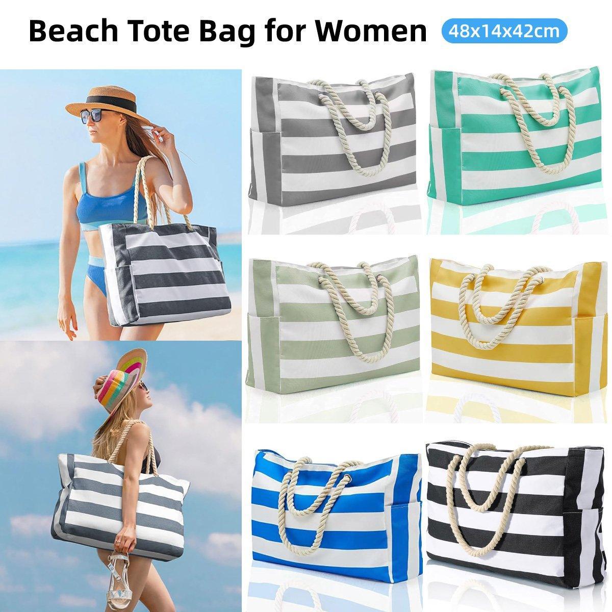 V528-CANVAS-BAG-BLACK-549632-202509301327-00 Large Bohemian Striped Canvas Beach Bag Zipper Tote for Travel Outdoor Vacation - Black - Image 1