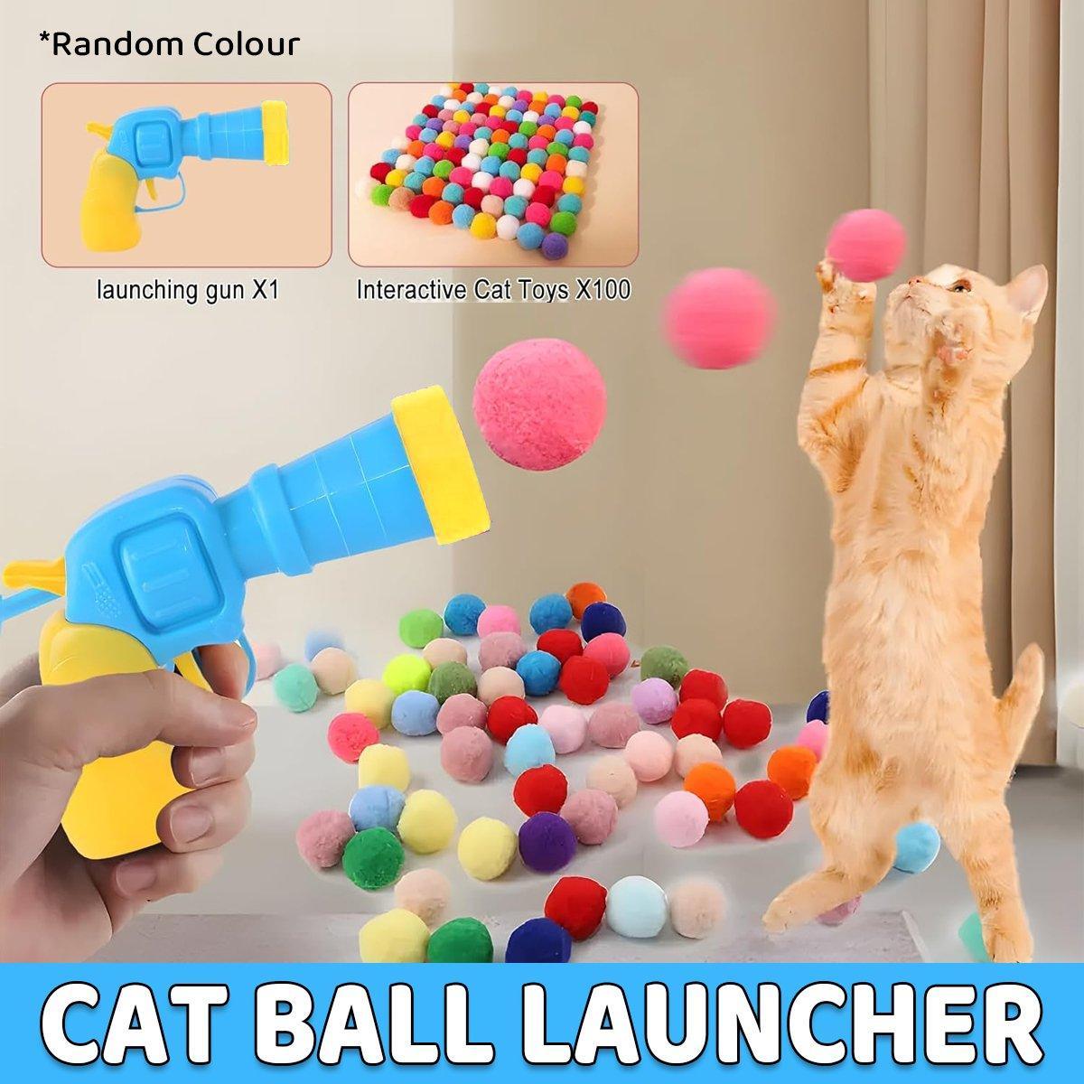 V528-CAT-TOY-100-645893-202509251210-00 Cat Ball Launcher Interactive Toy with 100pcs Colourful Stretch Plush Pom Pom Ball - Image 1