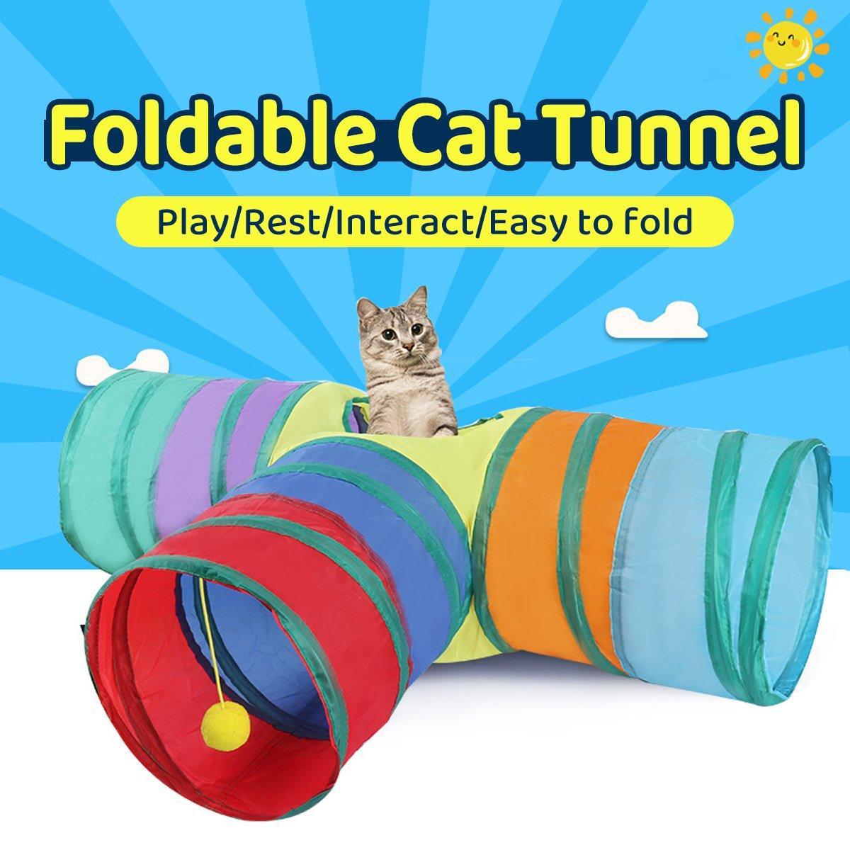 V528-CAT-TUNNEL-TOY-RAINBOW-877399-202509291819-00 Foldable Rainbow Cat Tunnel Interactive Pet Toy with Tee Shape Fun Play Tunnel - Image 1