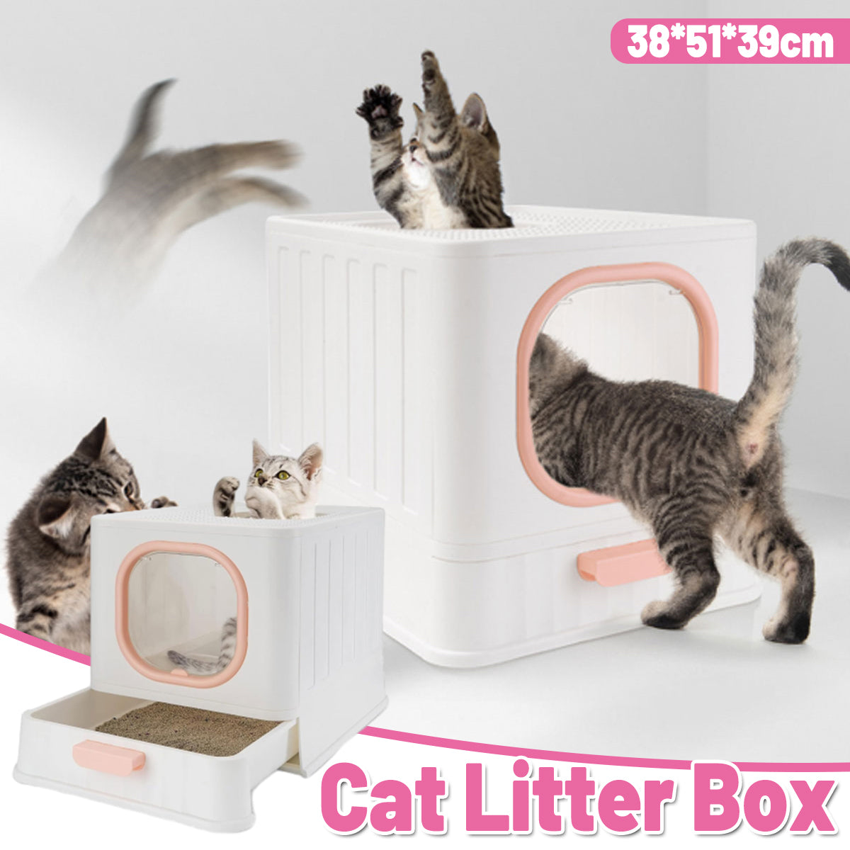 V528-CATLITTER-BOX-PINK-116729-202509291454-00 Pink Fully Enclosed Cat Litter Box Large Plastic Toilet for Cats with Lid Tray - Image 1