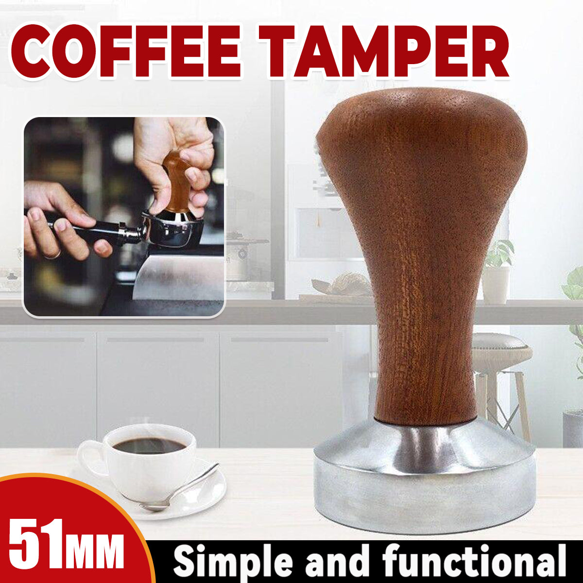 V528-COFFEEGRINDER-51MM-78094-202509291509-00 51mm Coffee Tamper Aluminum Alloy Base Wooden Handle for Espresso Machine - Image 1
