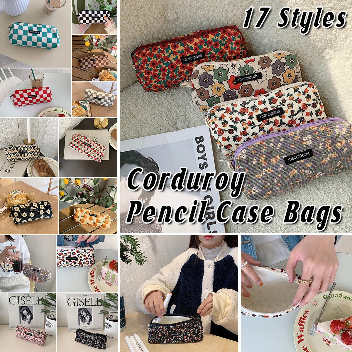 V528-CORDUROY-PENCIL-CASE-LMG-101400-202509301337-00 Large Capacity Pencil Case Organiser Bag Stationery Holder School Travel Pouch - Green Beige Plaid - Image 1