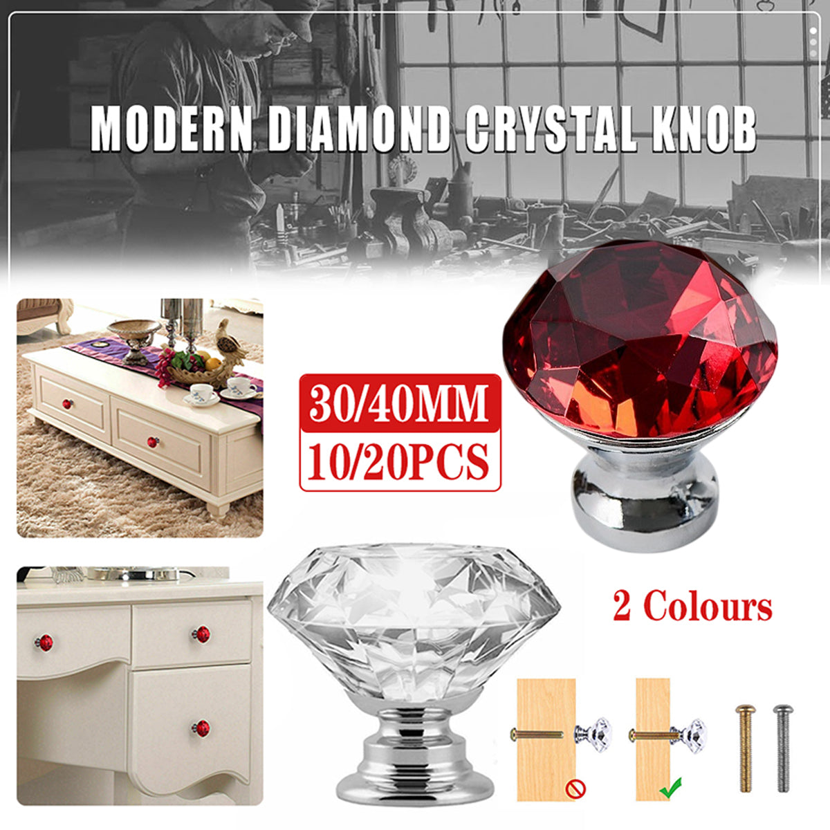 V528-CRYSTAL-RED-40MM-10PCS-85003-202509291809-00 Door Knobs Handles Clear Crystal Diamond Glass Kitchen Cupboard Cabinet Pulls 40MM - Red-10PCS - Image 1