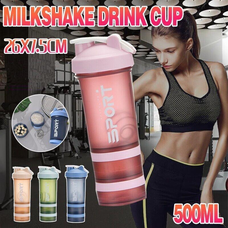 V528-CUP-BLUE-11139-202509291827-00 Powder Milkshake Drink Cup Sport Water Bottle 500Ml 3 Tier Protein Shaker Pill - Blue - Image 1