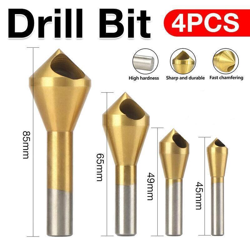 V528-CUTTINGDRILL-312424-202509291609-00 4PCS HSS Countersink Chamfer Drill Bit Set Titanium Coated Deburring Tools - Image 1