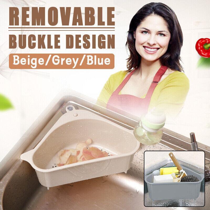 V528-DRAINBASKET-1PCS-BEIGE-344354-202509301945-00 Triangle Sink Kitchen Storage Drain Basket Rack Shelf Holder Strainer Organizer - Beige - Image 1