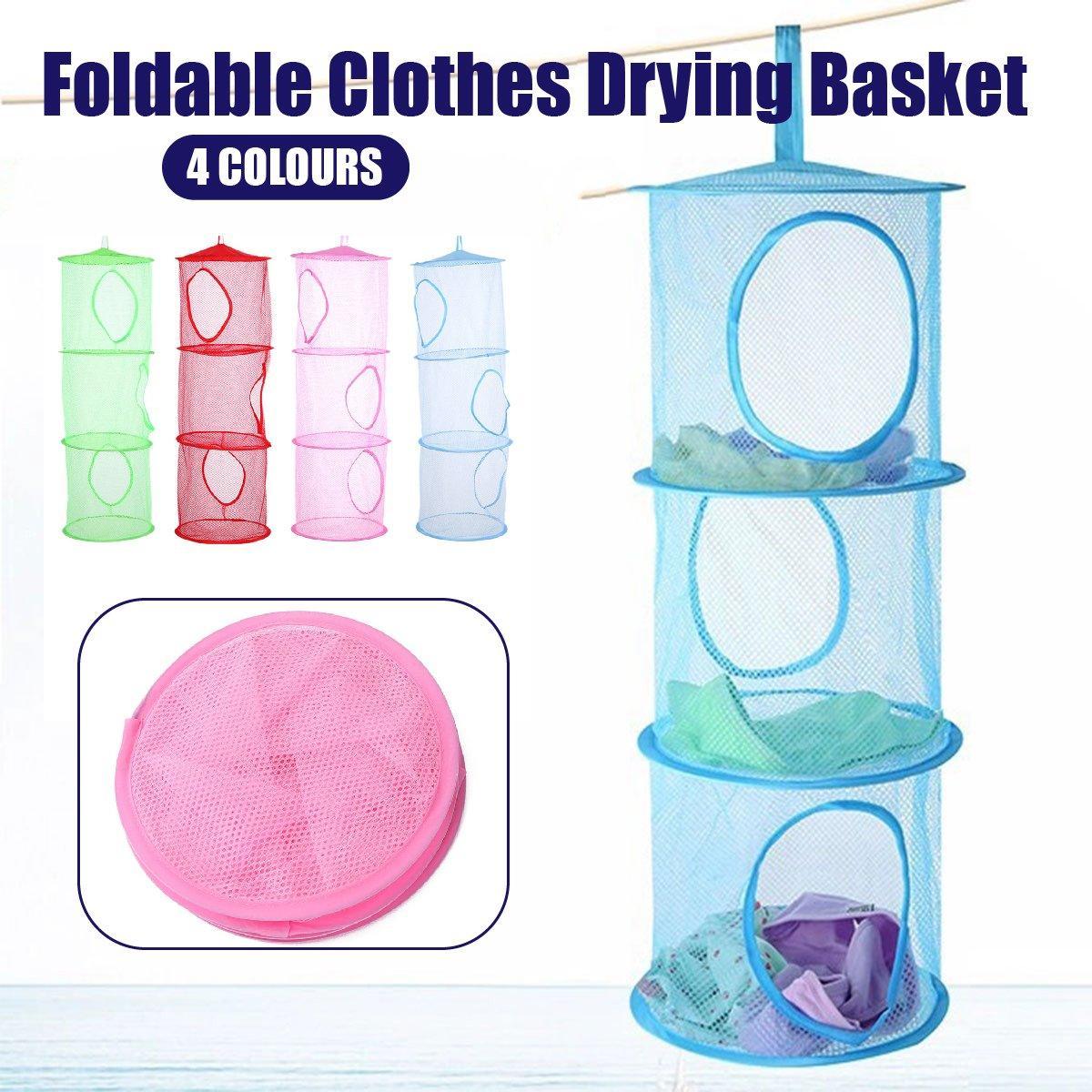 V528-DRYING-NET-3-RED-300482-202510010236-00 Foldable Clothes Drying Basket Three-layer Hanging Storage Breathable Organizer - Red - Image 1