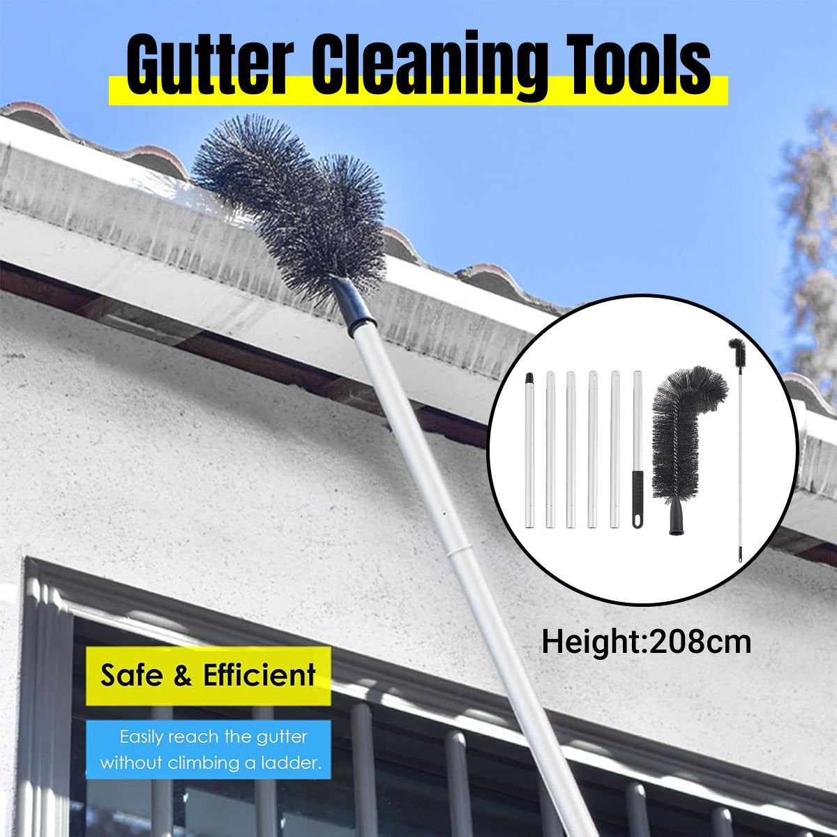 V528-DUSTER-6-BLACK-530447-202509251511-00 Gutter Cleaning Brush Roofing Tool with Pole 208cm for Long Splicing Gutter - Image 1