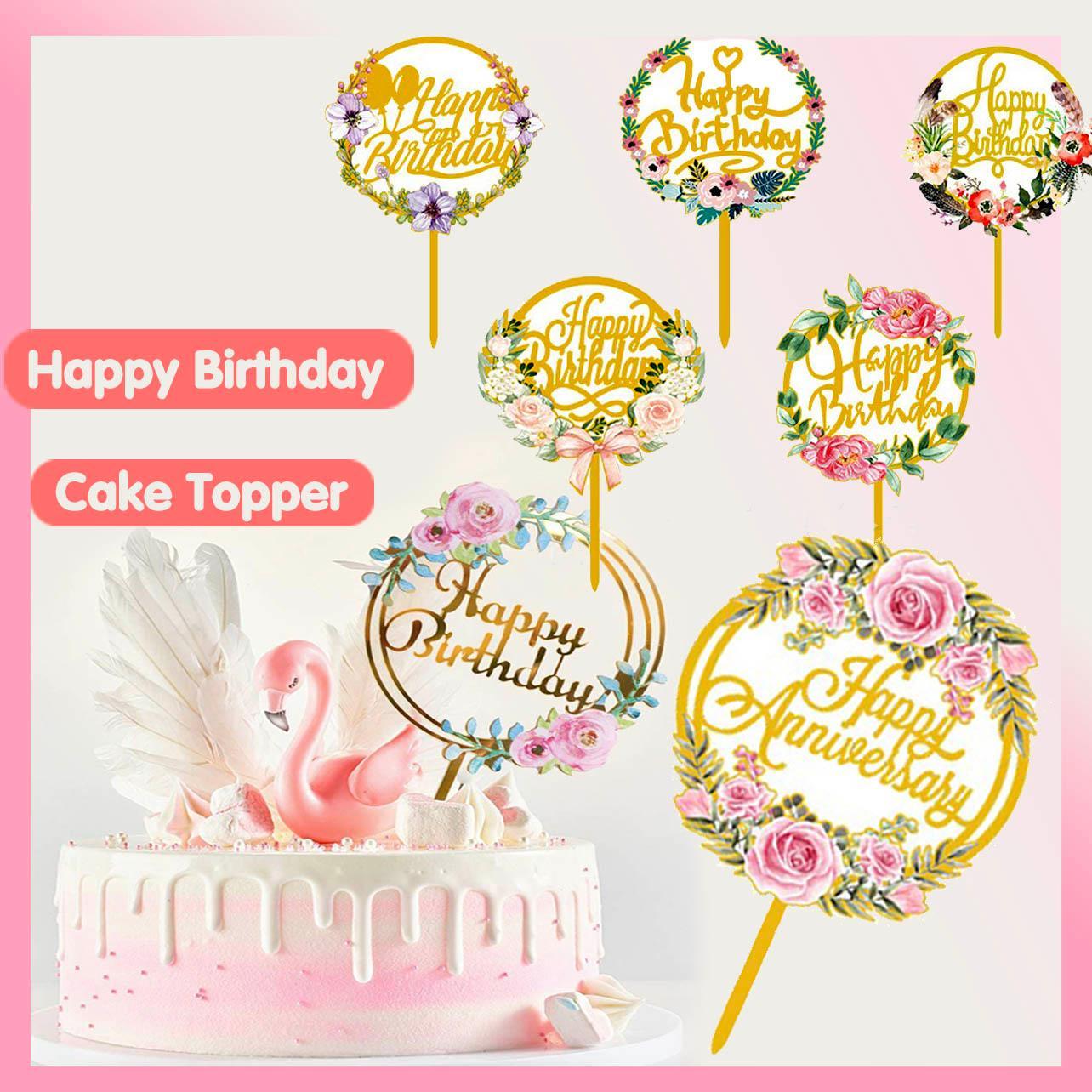 Happy Birthday Anniversary Wedding Cake Flowers Topper Acrylic Party Decorations - NO.13