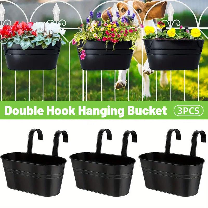 V528-FLOWERPOT-3PCS-269910-202509251210-00 3pcs Double Hooks Hanging Planter Basket for Balcony Fence Outdoor Garden Pots - Image 1
