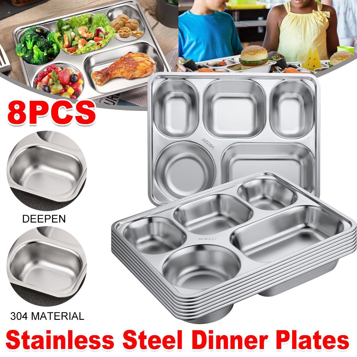 V528-FOOD-TRAY-8PCS-322976-202509291927-00 8pcs Stainless Steel Divided Dinner Plates Square Fast Food Plate for Students - Image 1